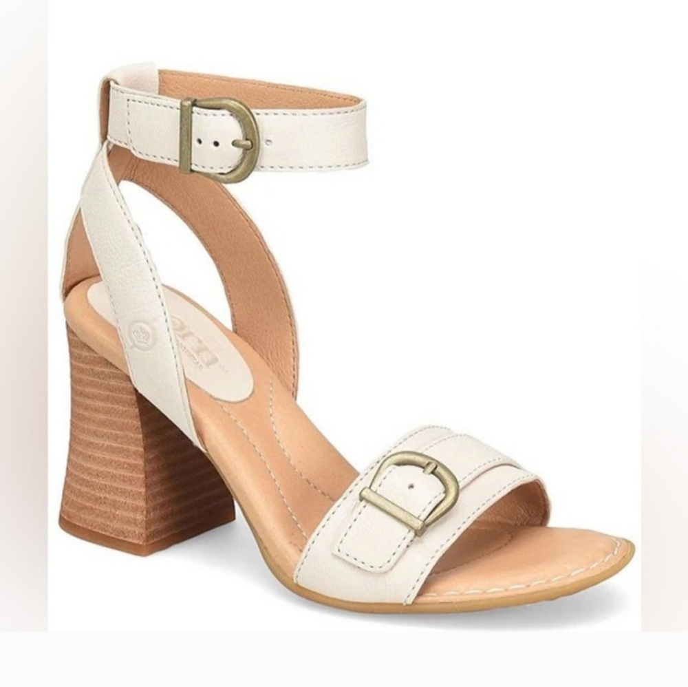 TAHLIA BORN LEATHER WOOD STACKED HEEL ANKLE STRAP SANDALS NEW WOMENS 10 BEIGE